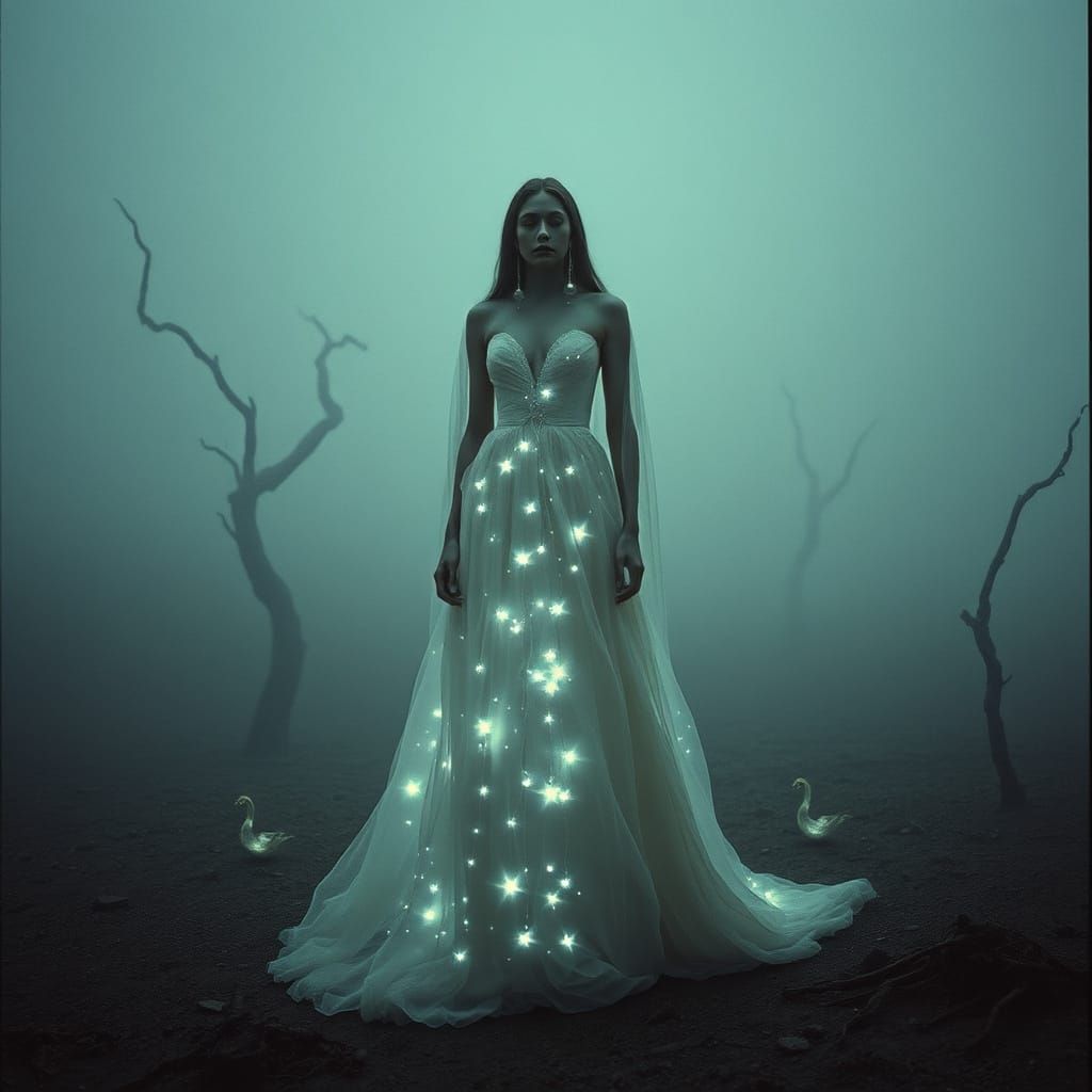 Sorrowful Goddess in Wasteland Tears Fall as Pearls