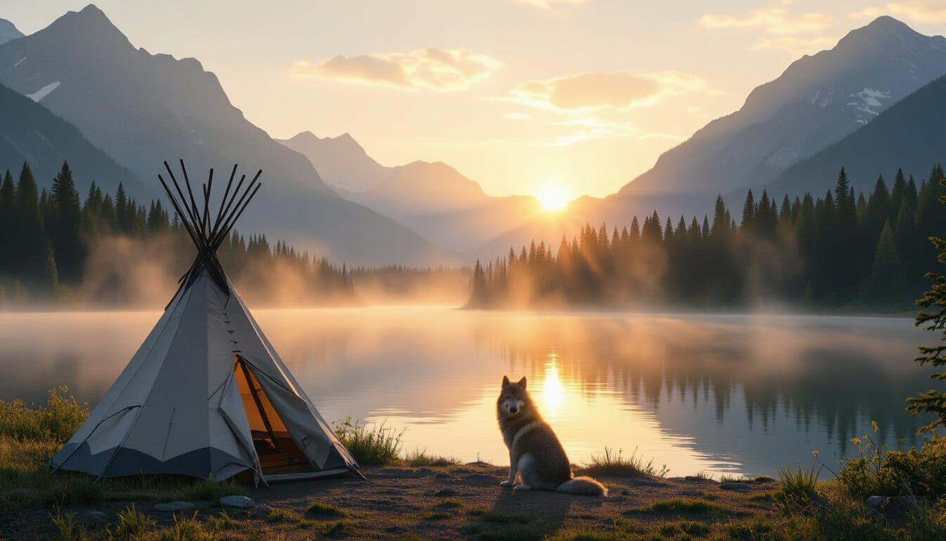 Lone Wolf by Mountain Lake at Dawn, Double Exposure Style