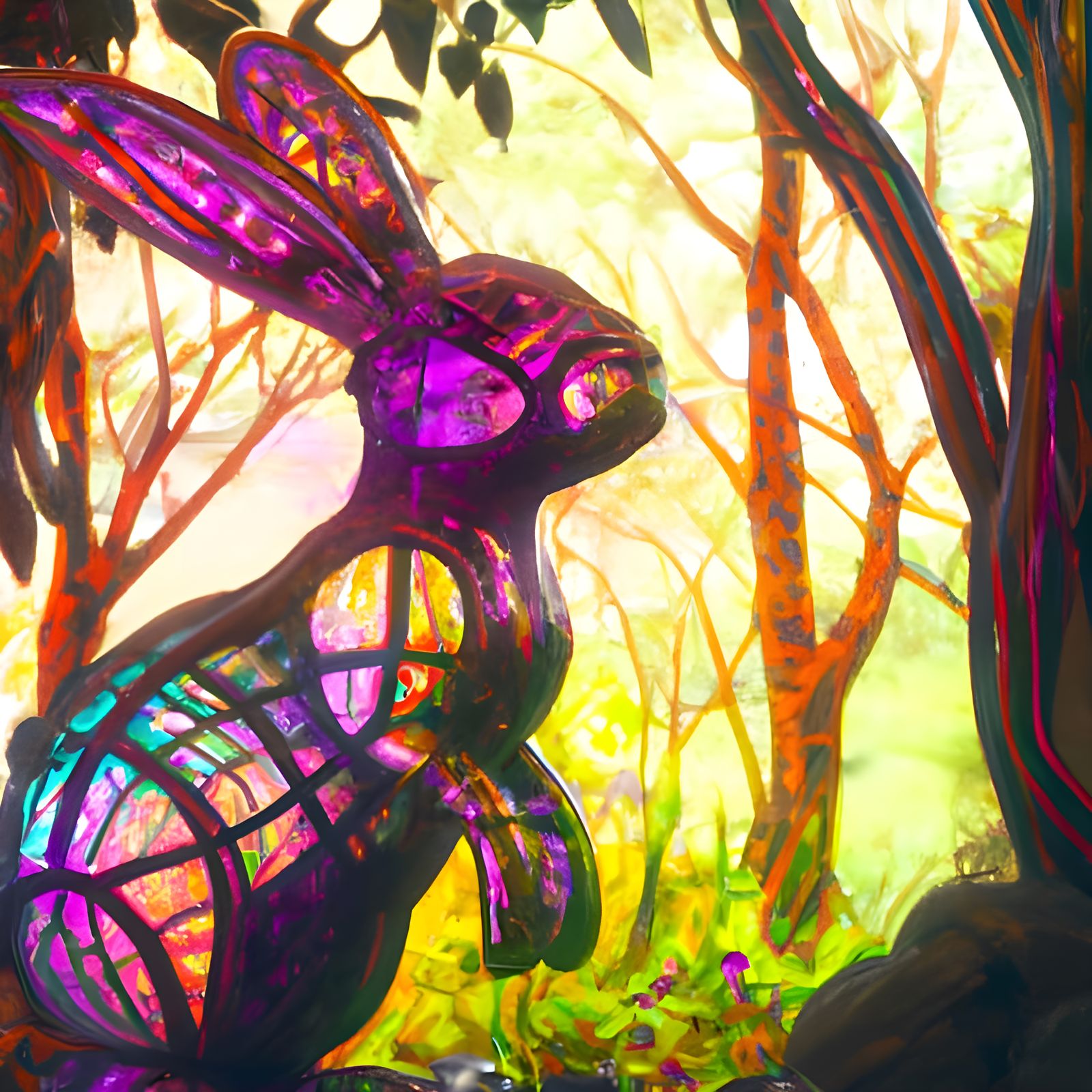 Stained Glass Rabbit in Realistic Forest