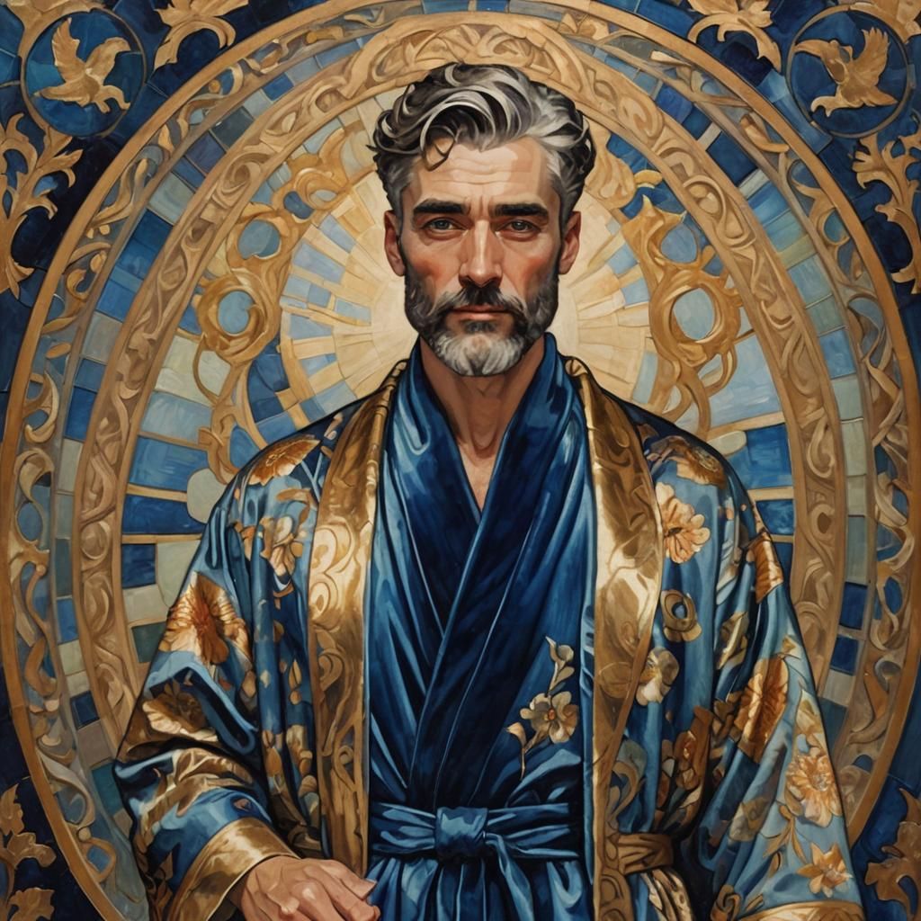 Art Nouveau Portrait of a Radiant Man in Blue Velvet