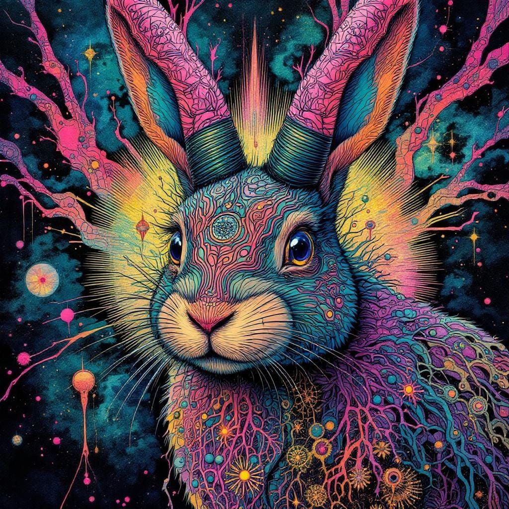 Detailed Rabbit Drawing with Horns in Mixed Media