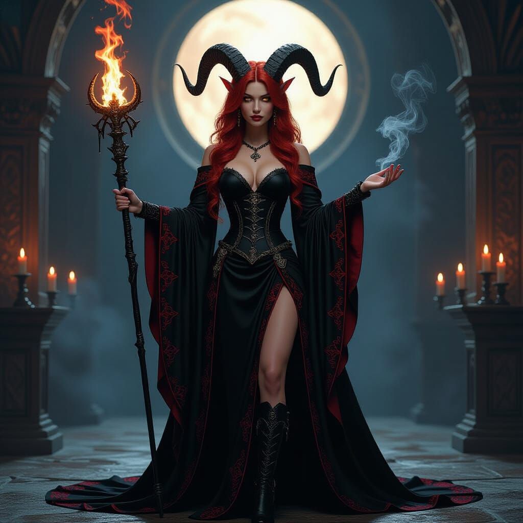 Enchantress with Staff and Sword in Dark Ritual Chamber