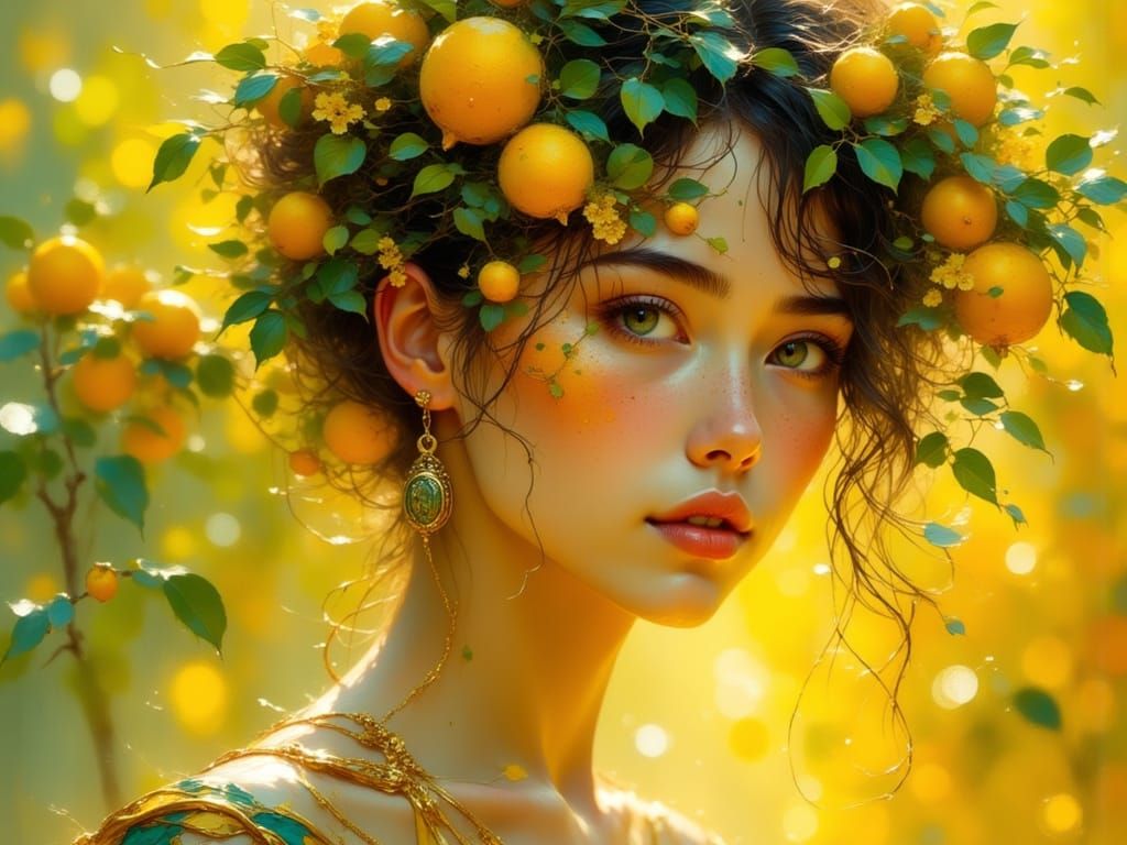 Radiant Woman Portrait with Lemon Leaf Hair