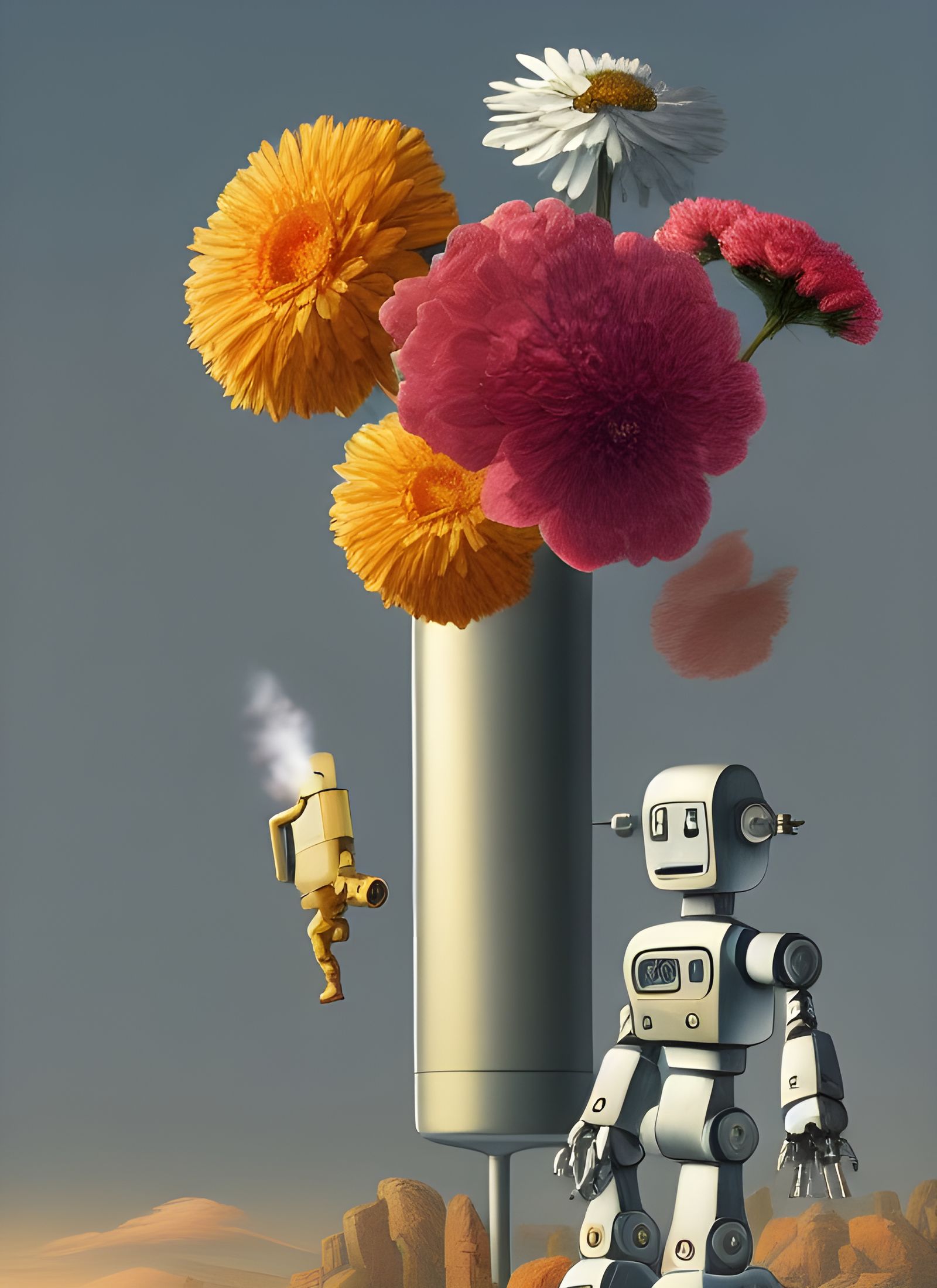 Robot with Flowers, Photorealistic Comic Illustration