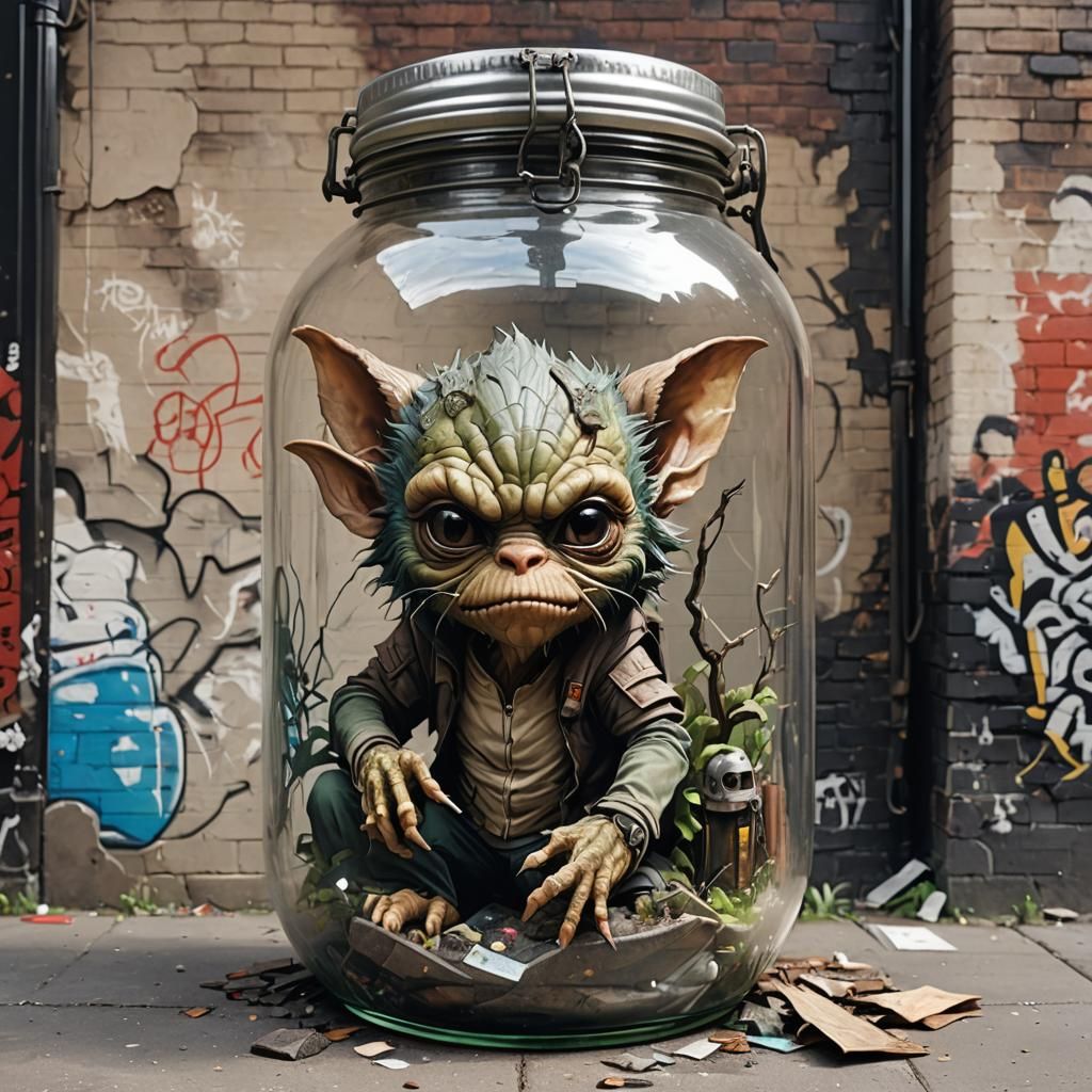 Gremlin Encapsulated in Smoky Jar in Abandoned Chinatown