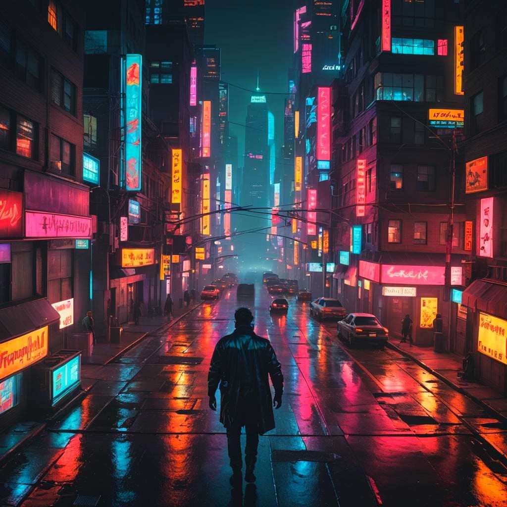 Cyberpunk New York Street at Night, Neon Cityscape