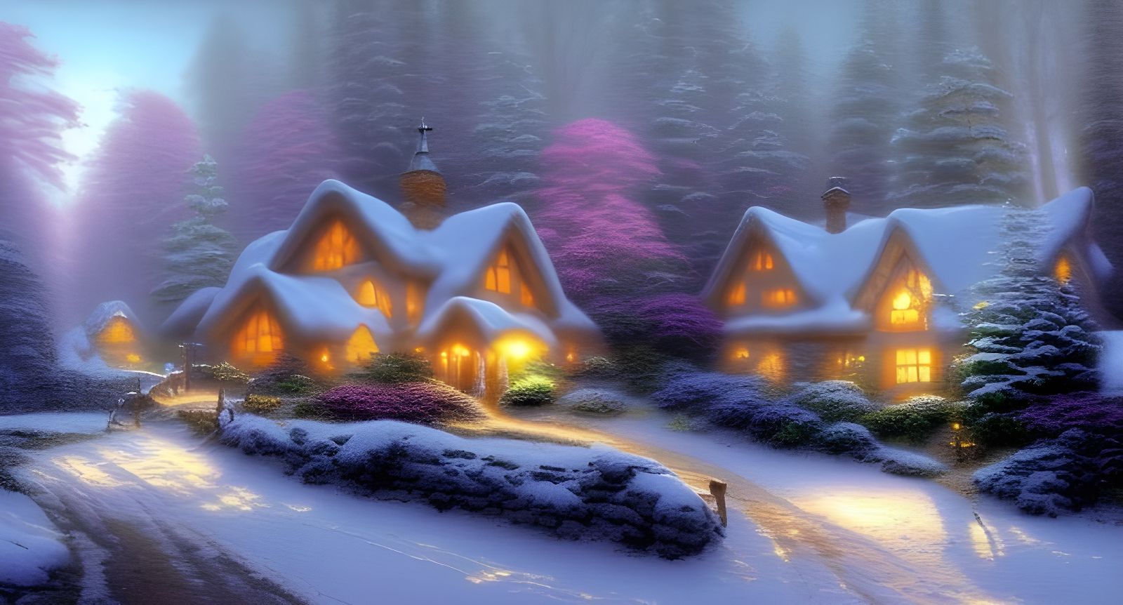 Ethereal Snowy Cottage in Forest, Kinkade Style
