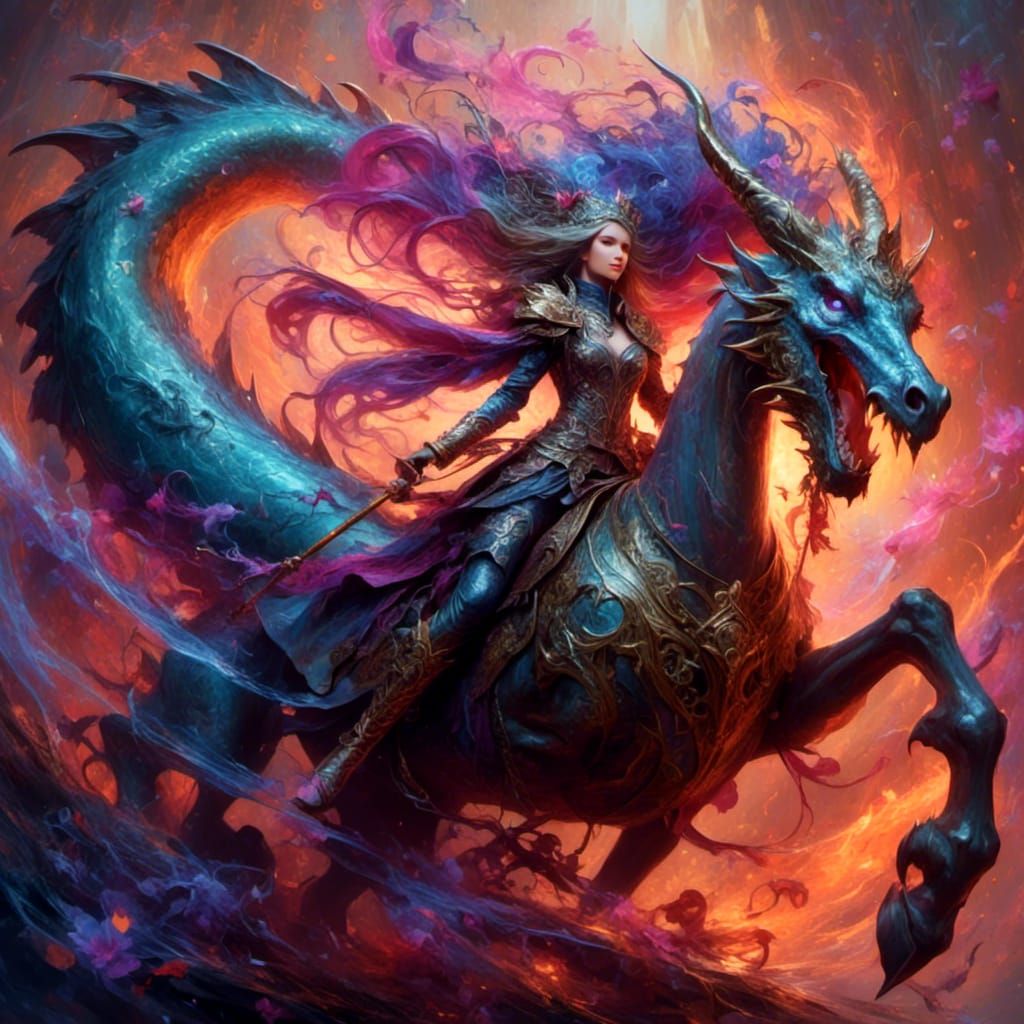 Joyful Female Warrior on Dragon in Graffiti Art