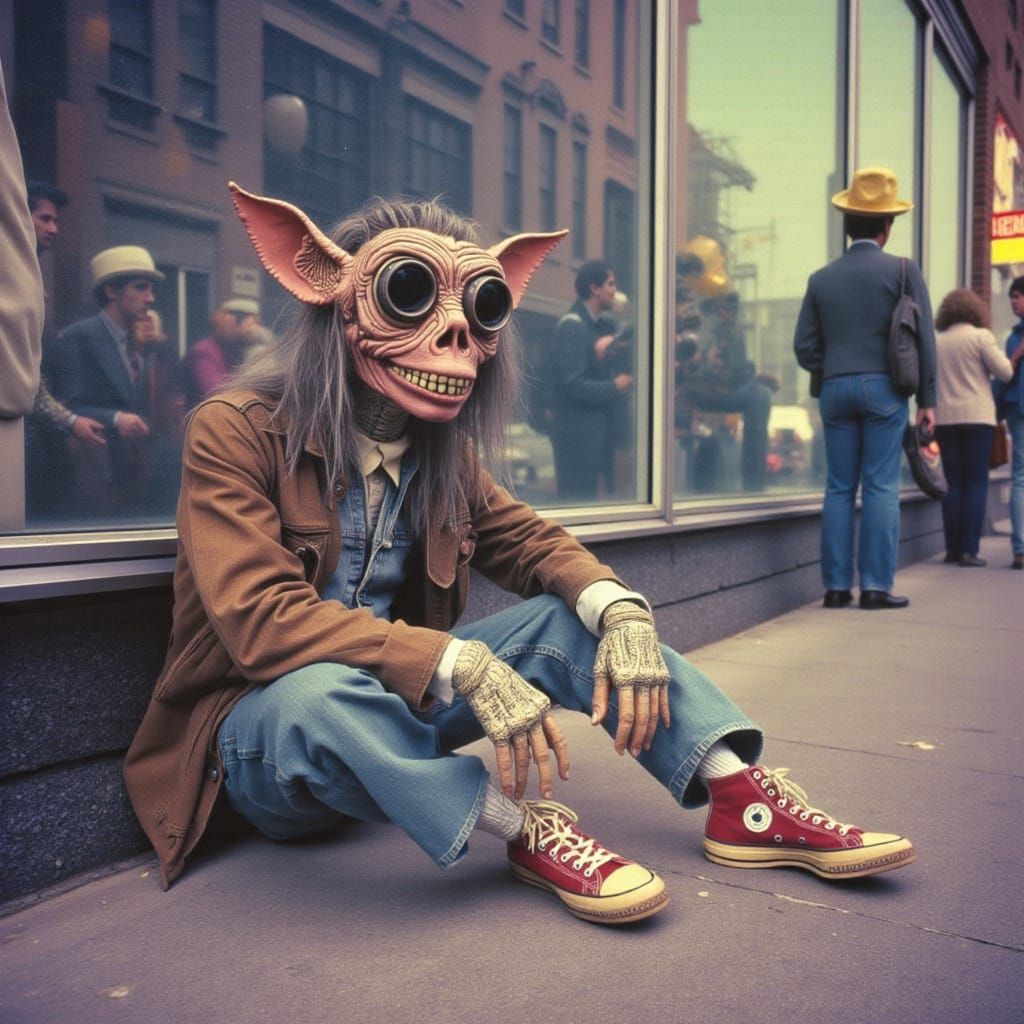 Alien Hobo in 1980s New York: Surreal Scene