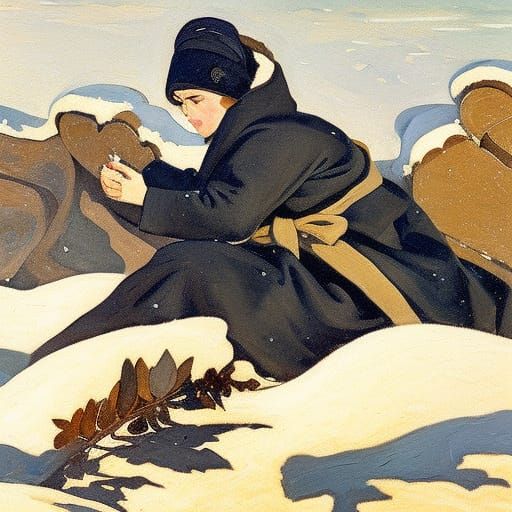 Girl in Snowdrift: Gouache Portrait in Winter Style