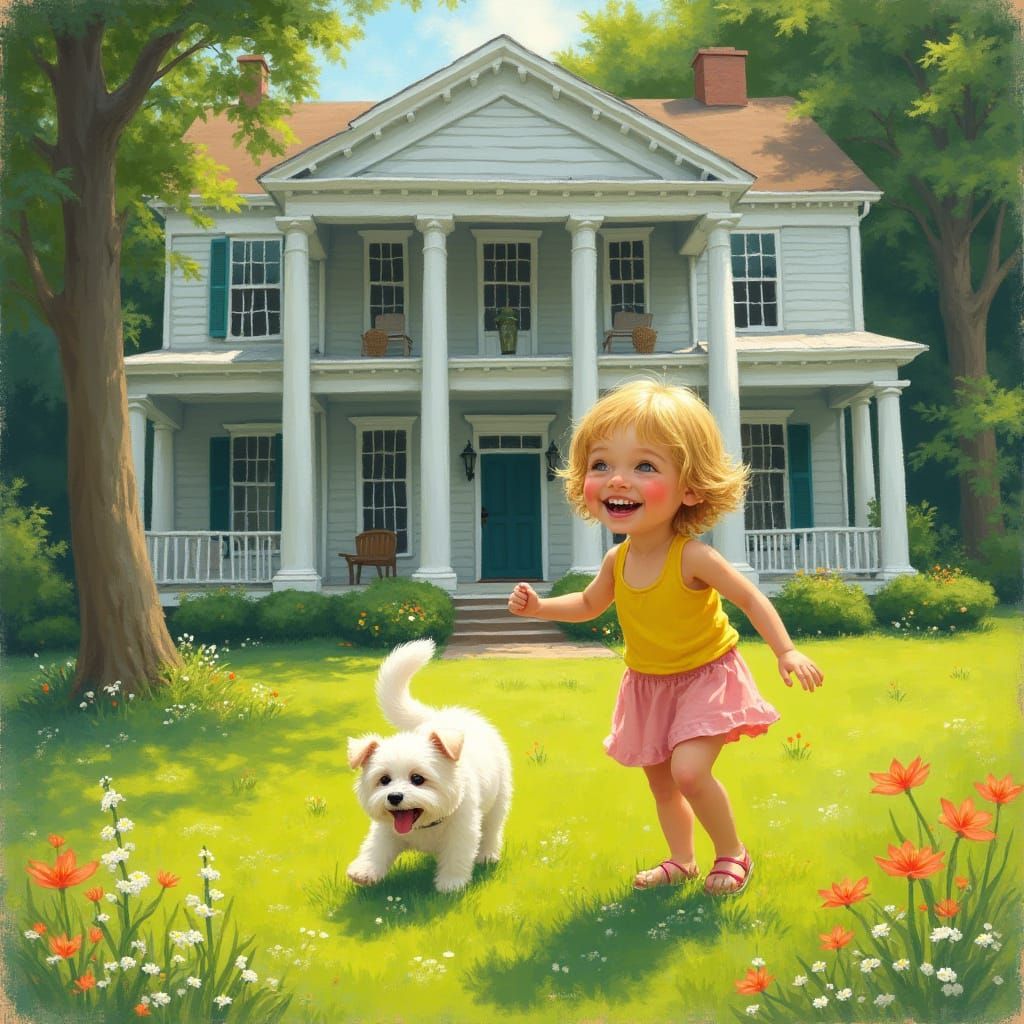 Idyllic Summer Scene of Girl and Dog in Front Yard