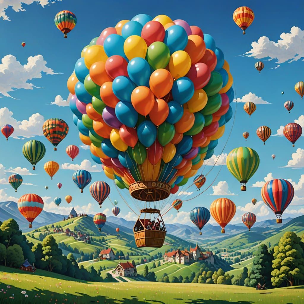 Fanciful Balloon Transporting Happy Party-Goers