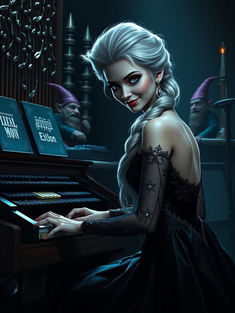 Elsa's Sultry Organ Performance in Dark Noir-Inspired Art