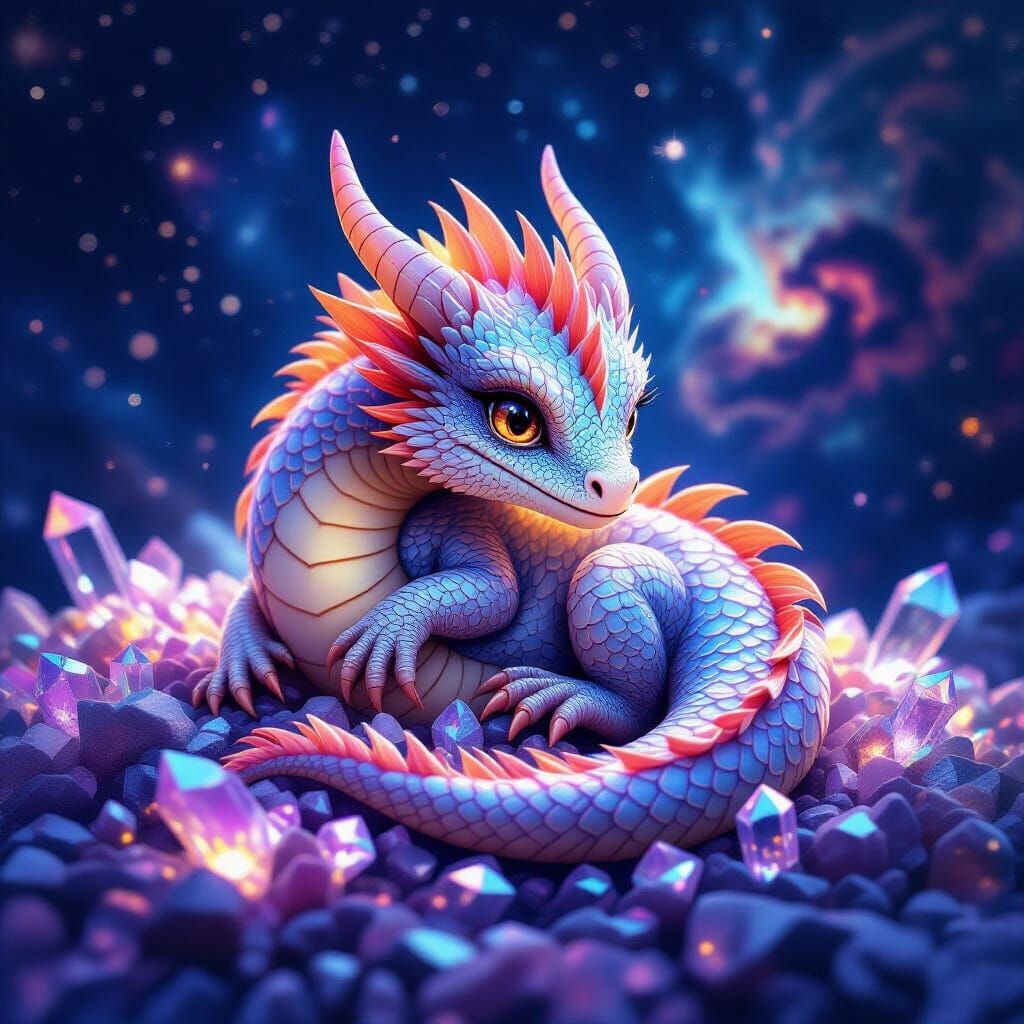 Baby Dragon on Crystal Bed in Starry Void