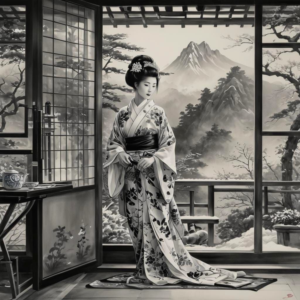 Geisha in Winter Garden: Sumi-e Ink Painting