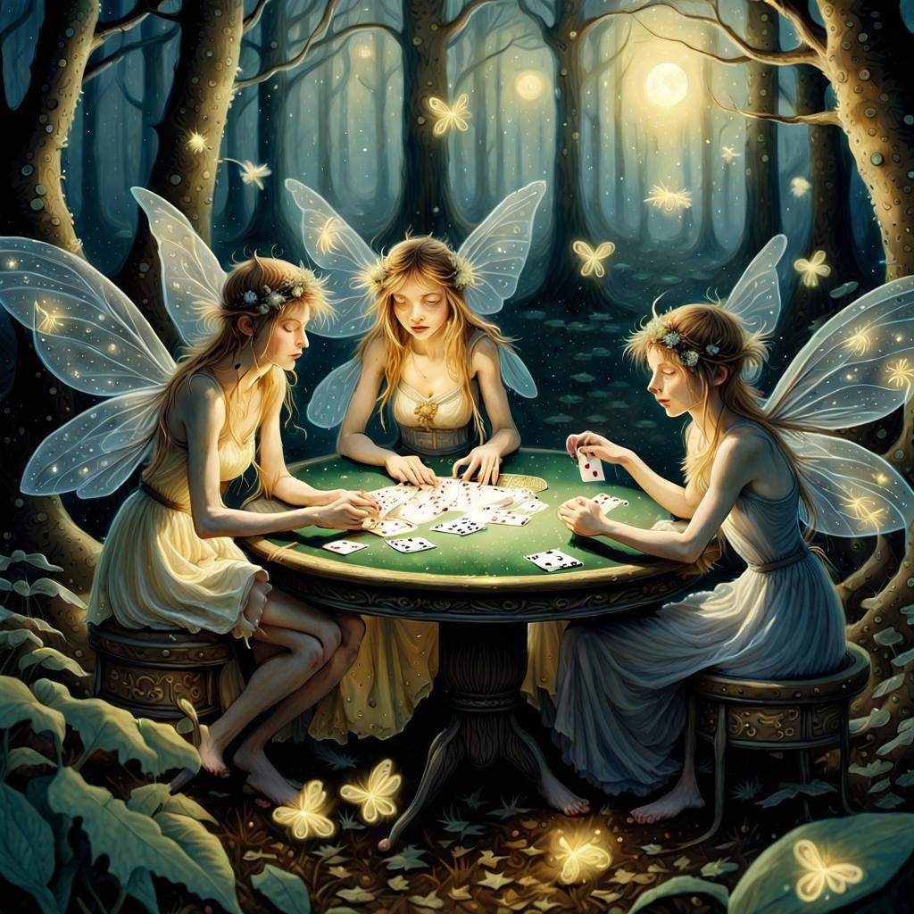 Fairies Play Poker in Moonlit Forest