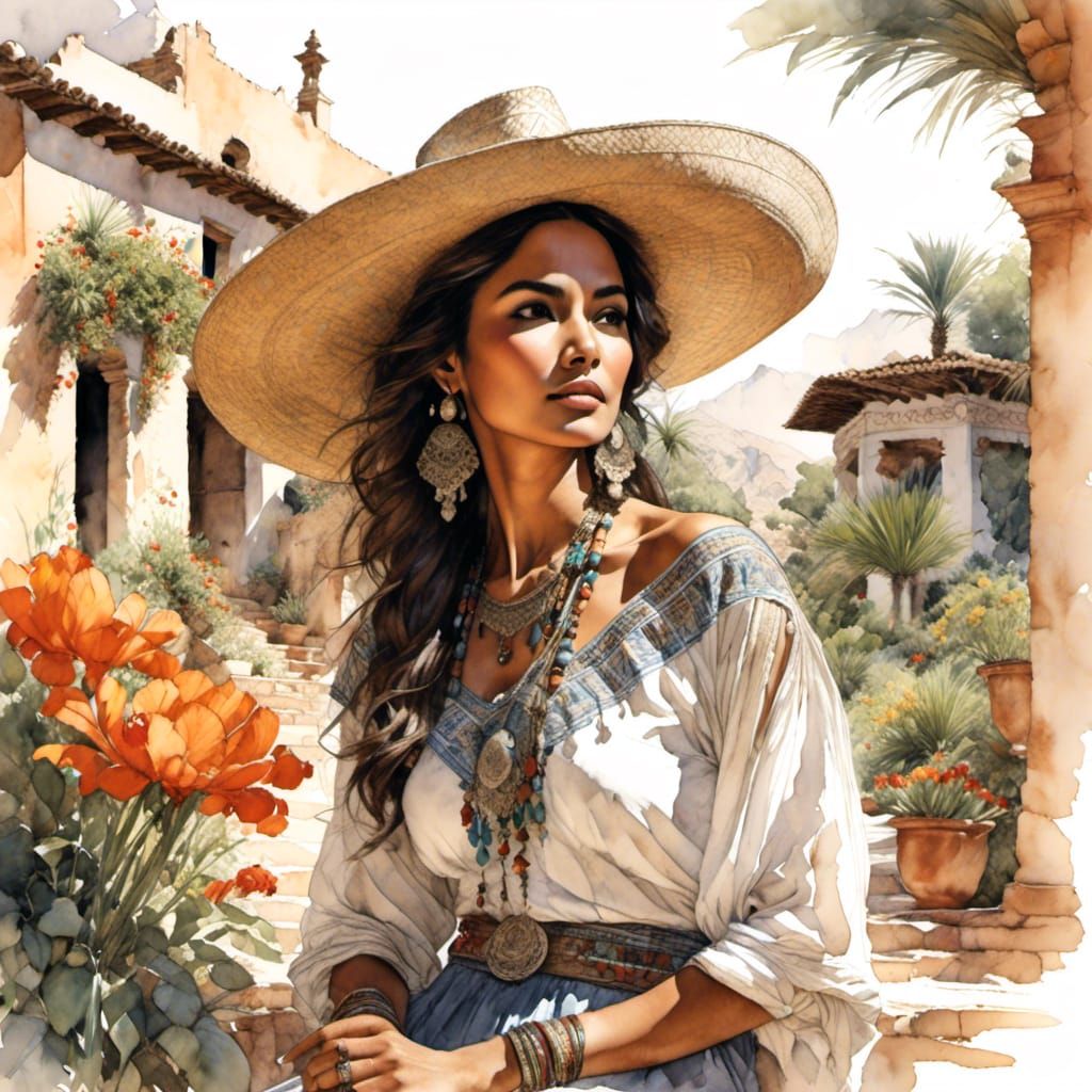 Stunning color Pencil Sketch portrait Beautiful Mexican Woman