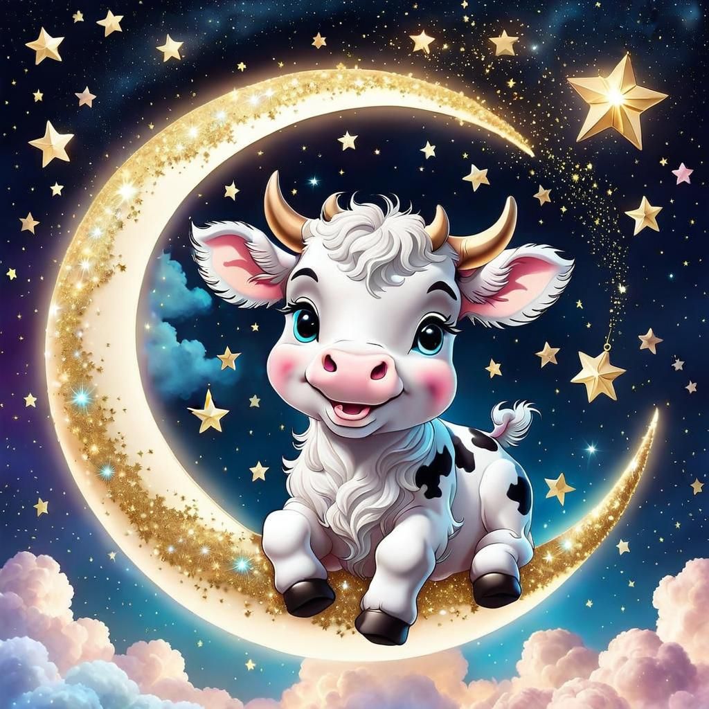Cute Baby Cow Moon Jump in Pastel Starry Sky