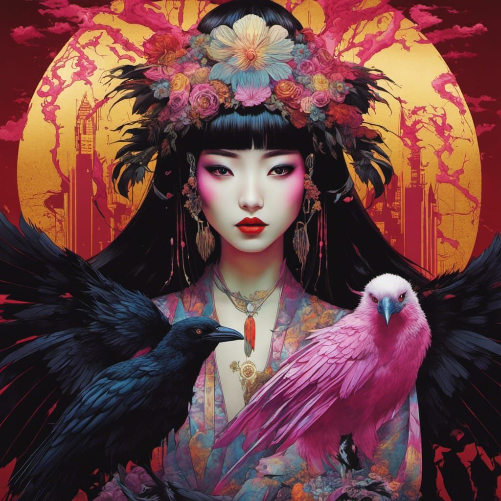 Cyberpunk Karasu-Tengu Woman in Neon Cityscape