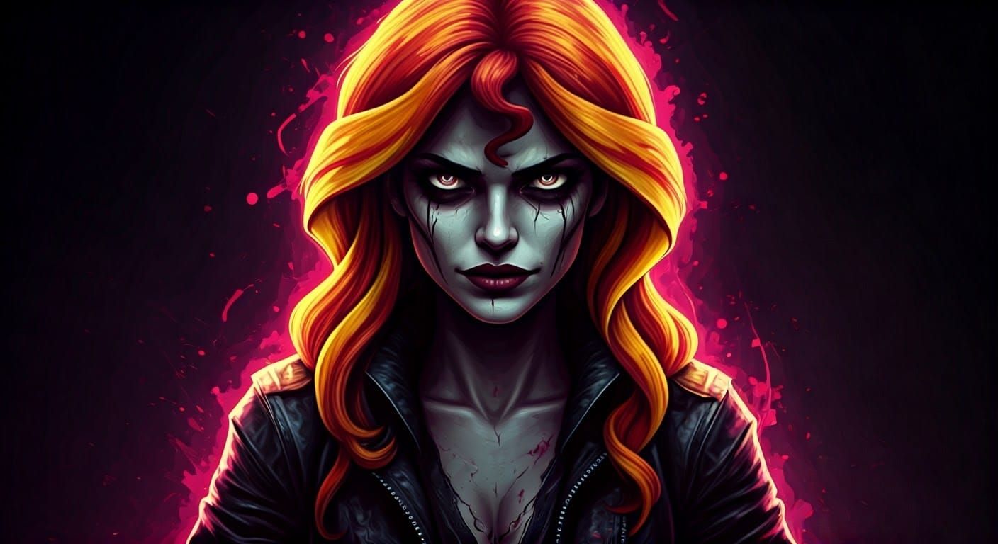 Sunset Shimmer: Cyberpunk Horror Portrait in Neon-Noir