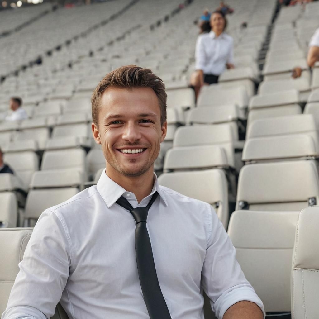 Joyful Slavic Man in Stadium: Hyper-Realistic Digital Art