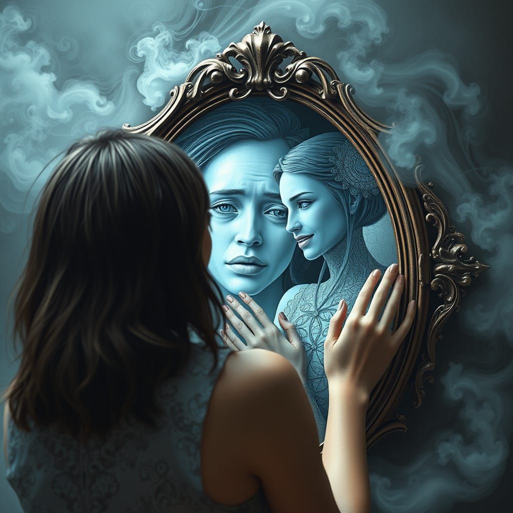 A Woman's Reflection in a Distorted Mirror, Illuminated by a...