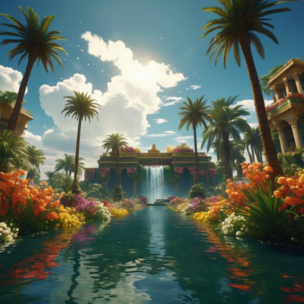 The Hanging Gardens of Babylon 
-Where the Earth meets the Sky-

Key words - notes:
Palm trees, Fig trees, Exotic flower...