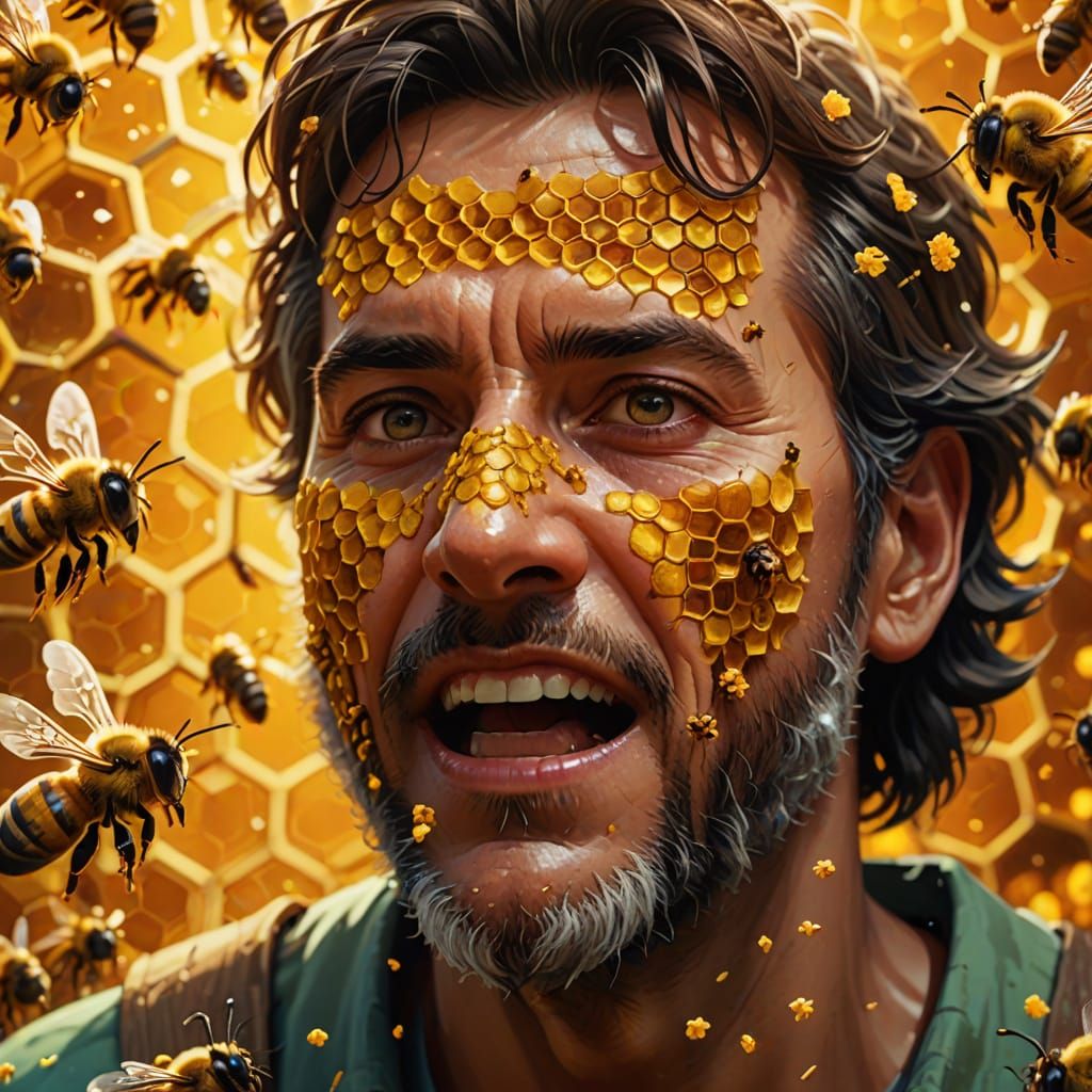 Vibrant Closeup of a Man with Bees in Studio Ghibli Style