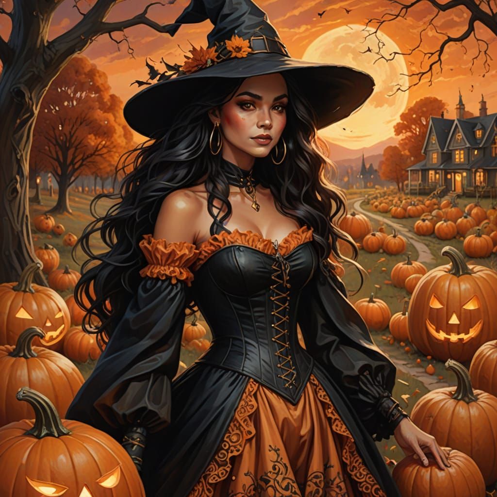 Whimsical Witch Picking Pumpkins in Oil Painting Style