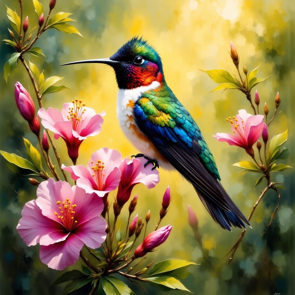 Jewel-Toned Hummingbird on Azaleas in Golden Hour Light