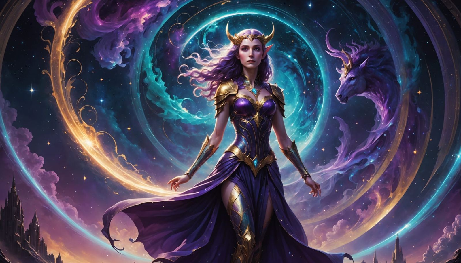 Elf Woman & Unicorn in Nebula, Art Deco Style