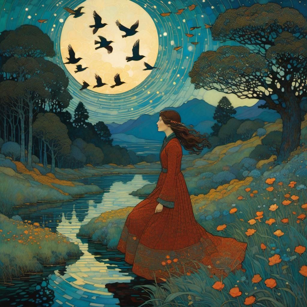 Woman Flies with Birds in Dreamlike Landscape