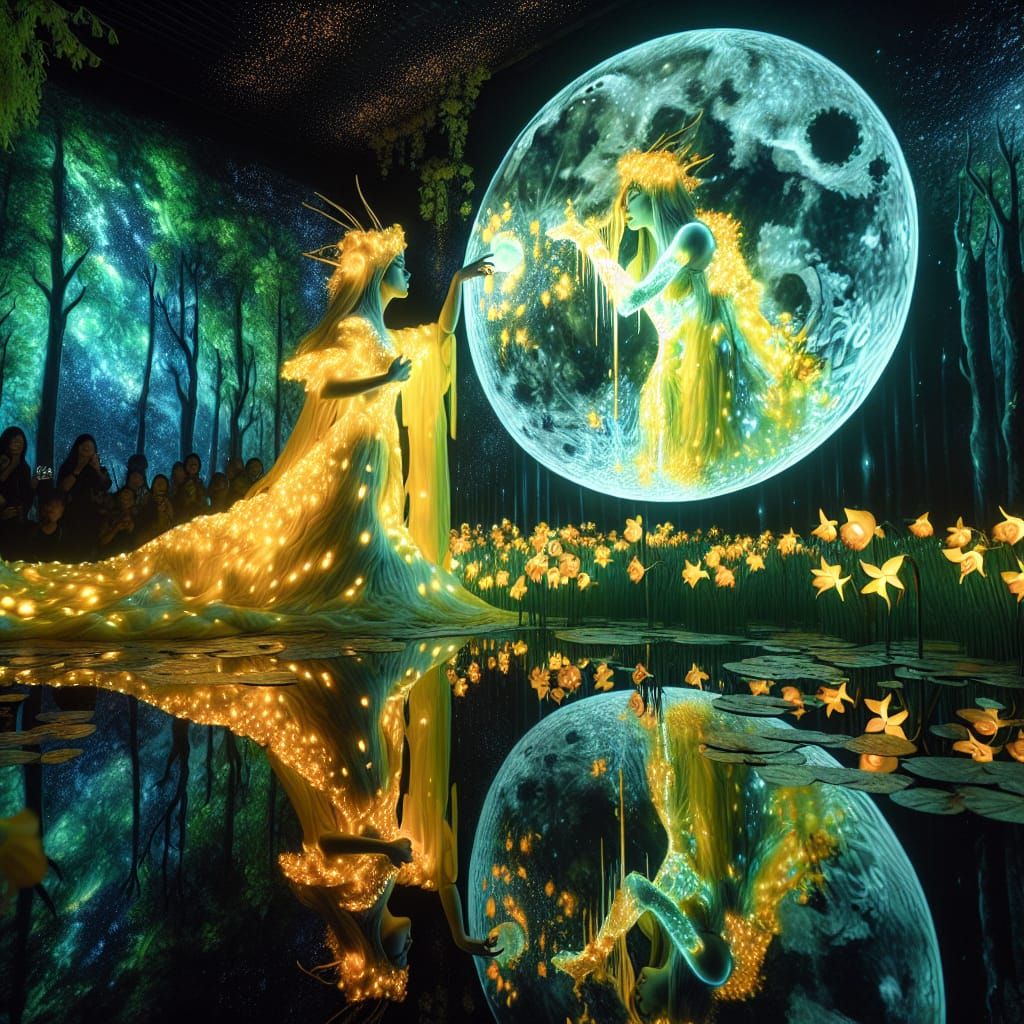 Bioluminescent Moon Goddess Reflects in Daffodil Pond