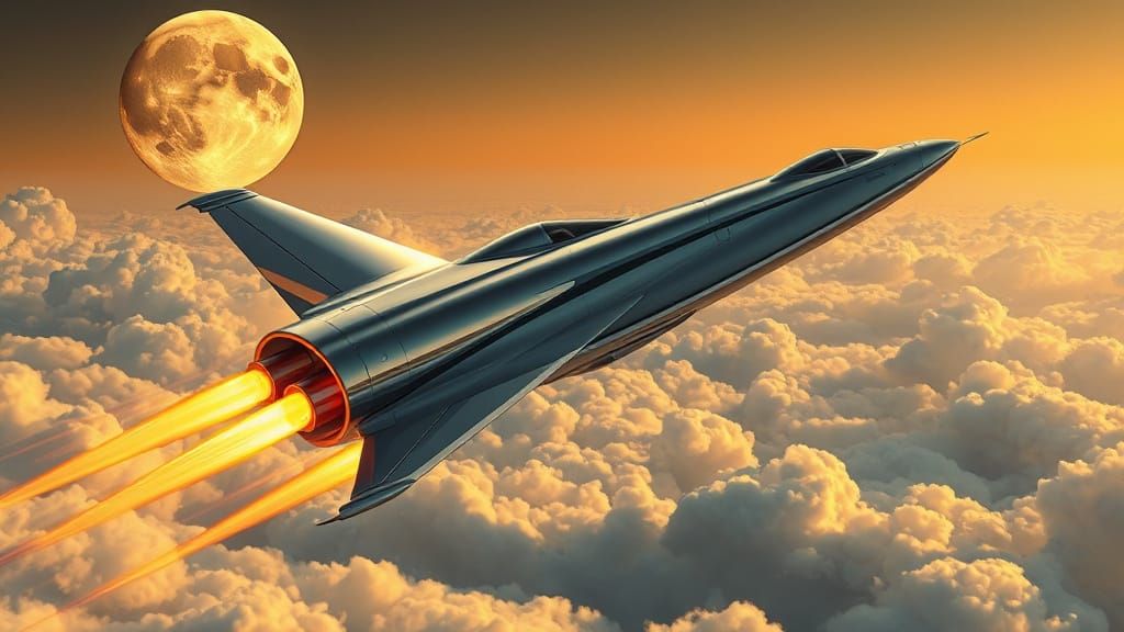 Futuristic Art Deco Jet Soaring Under Golden Moon