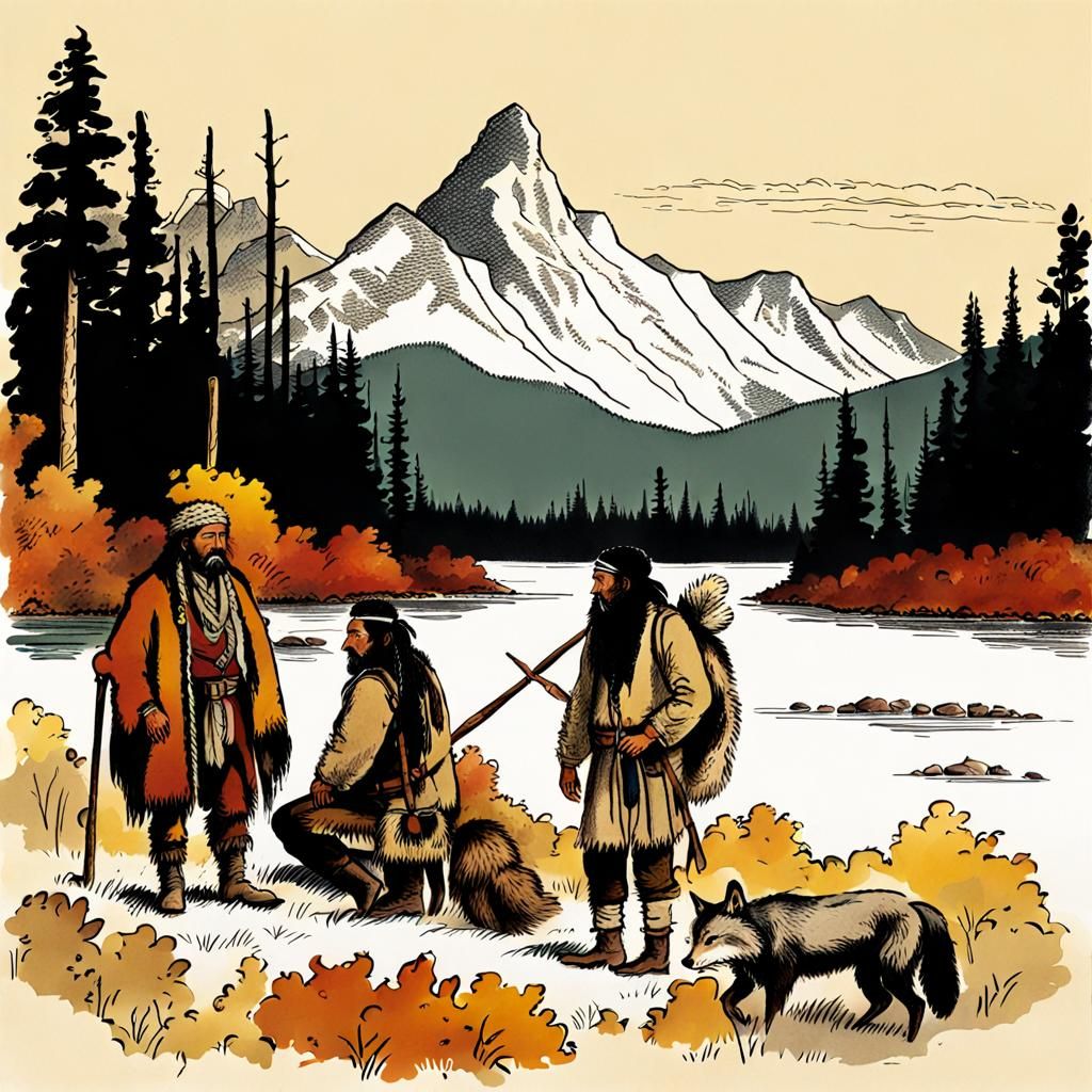 Mountain Man Trading Furs in Autumn, Vintage Style