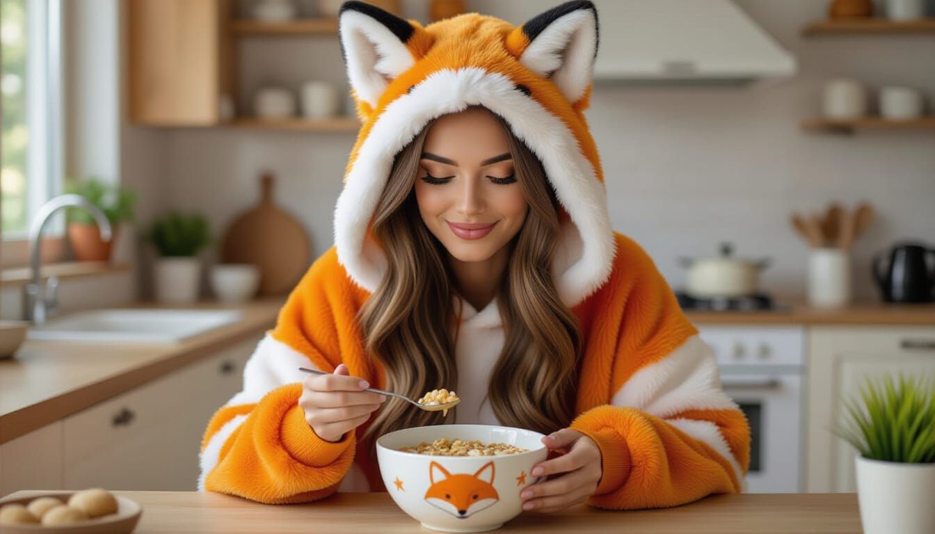 Woman in Fluffy Fox Hoodie Eats Cereal