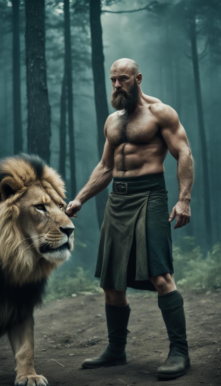 Slavic Man Dominates Lion in Cinematic Film Still