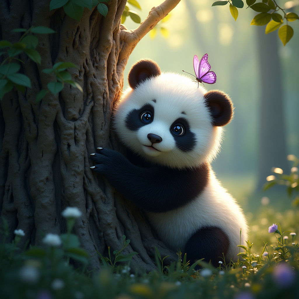 Panda and Butterfly in Mystical Forest