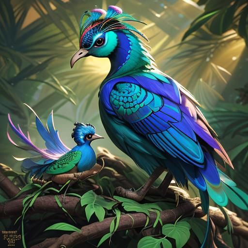 Peacock Building Nest in Lush Forest: Digital Art