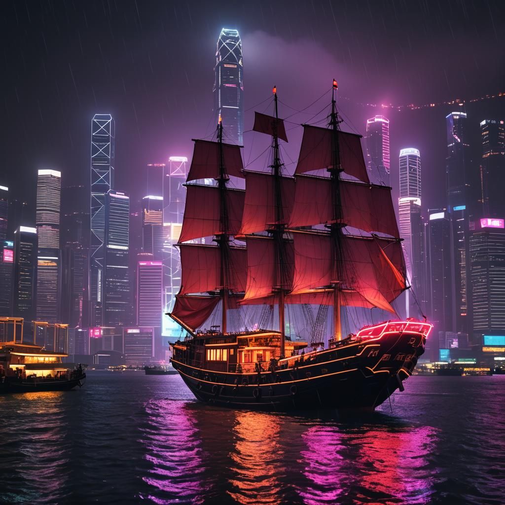 Hong Kong Harbour at Night in Synthwave Style