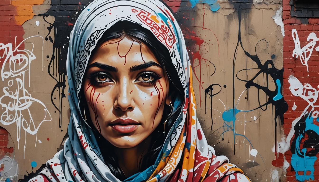 Arabic Woman in Polychromatic Graffiti Street Art