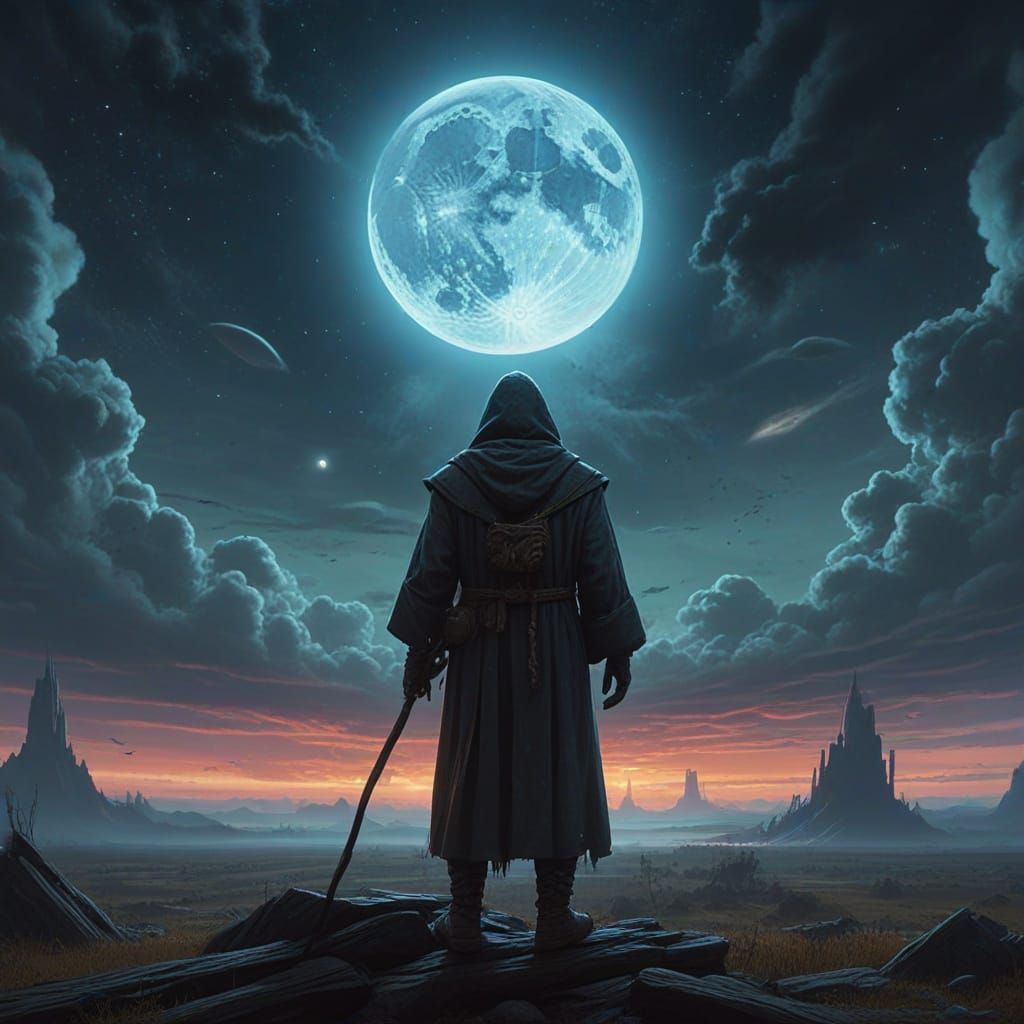 The Hermit stands firm amidst celestial chaos, staff and lan...