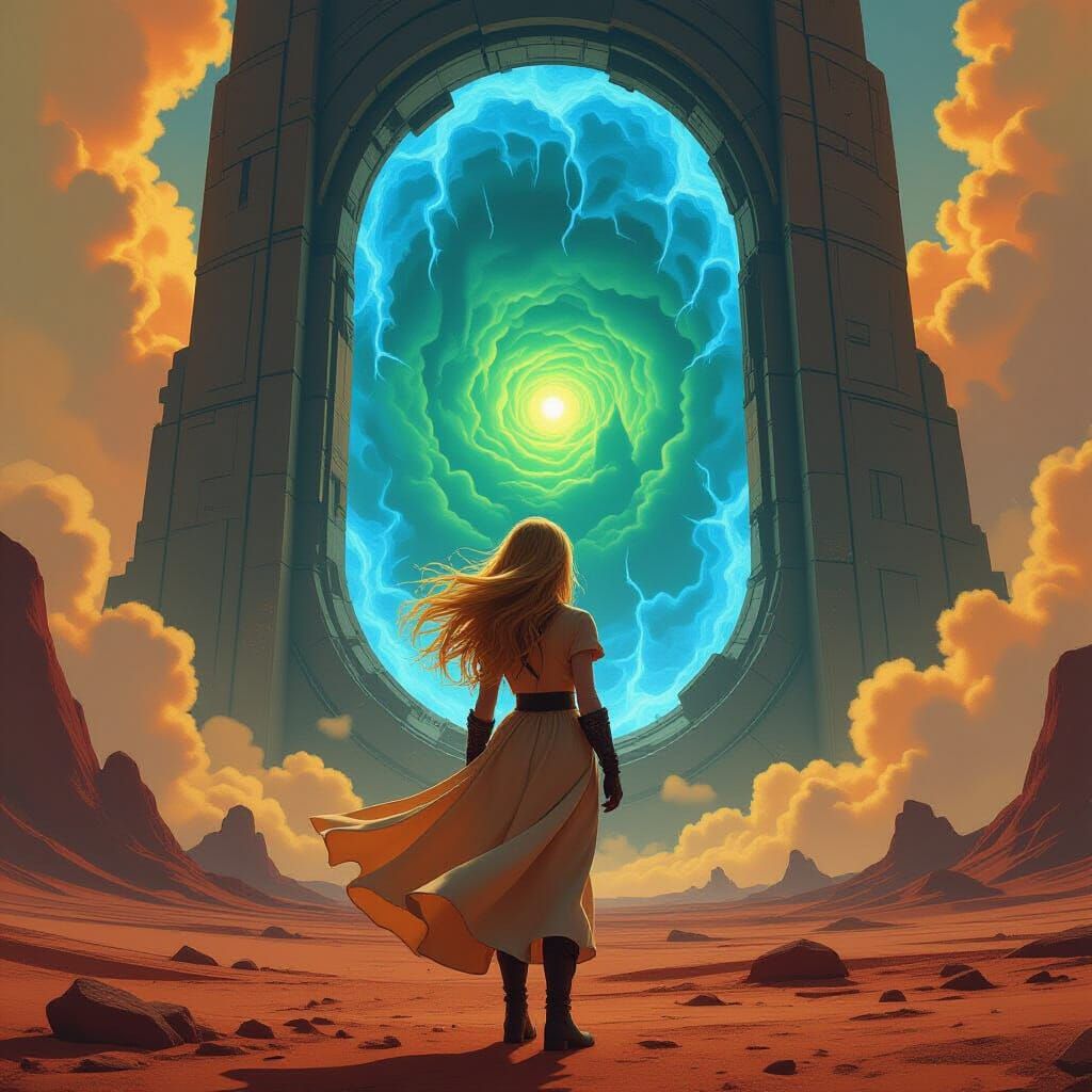 Goldielocks Encounters Alien Portal in Fantasy Landscape