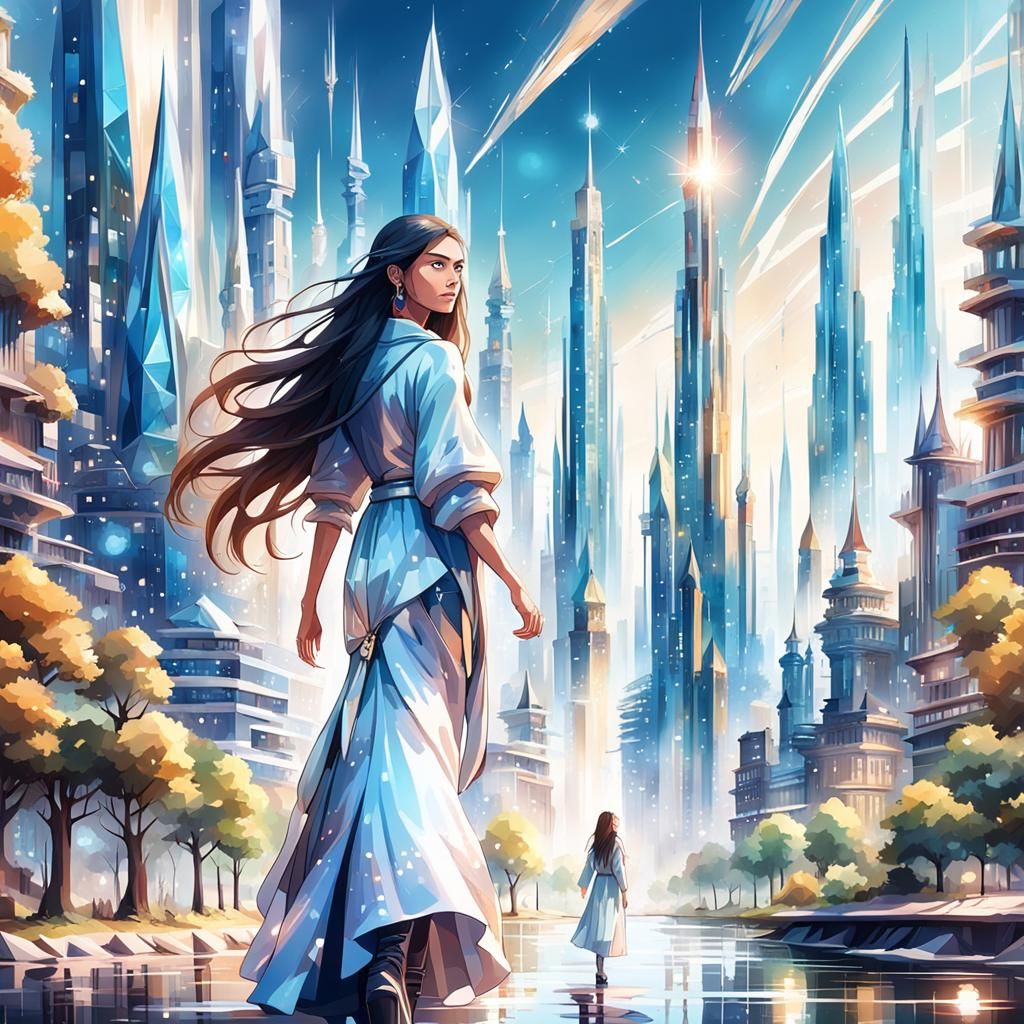 tall beautiful longhair woman walks in bright future utopian city futuristic crystal spires rise sparkling river flows n...