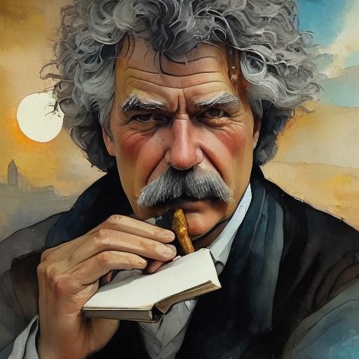 <lora:Nurografik Ink SD1-5:1.0> Portrait of Mark Twain smoking corncob pipe reading a book, Night time Lit by candleligh...