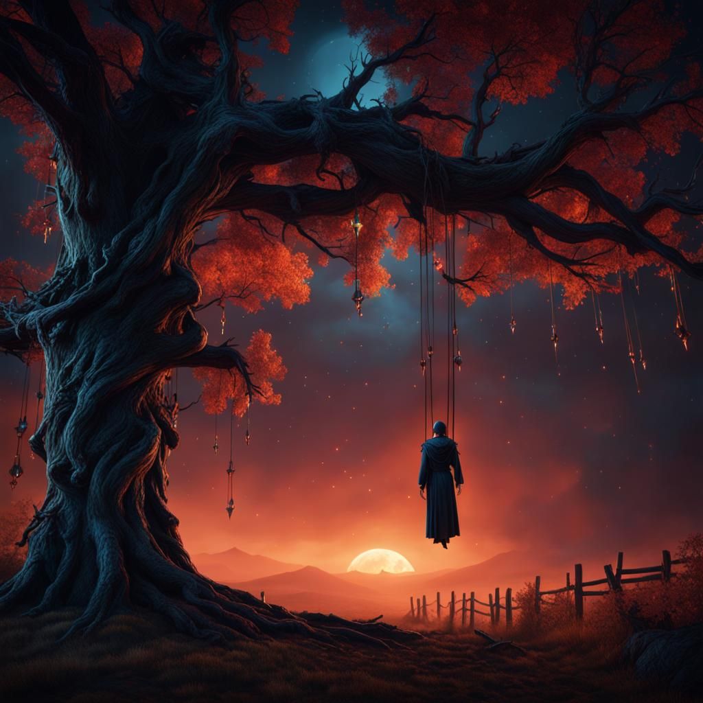 Macabre Night Scene: Body Hanging from Tree