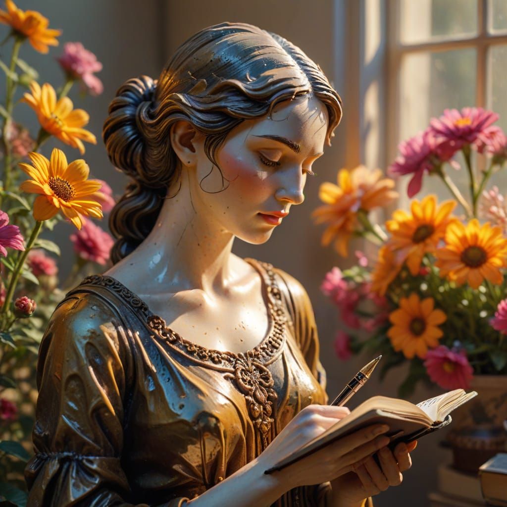 Hyper-Realistic Sculpture of Poetess in Vibrant Oil Painting
