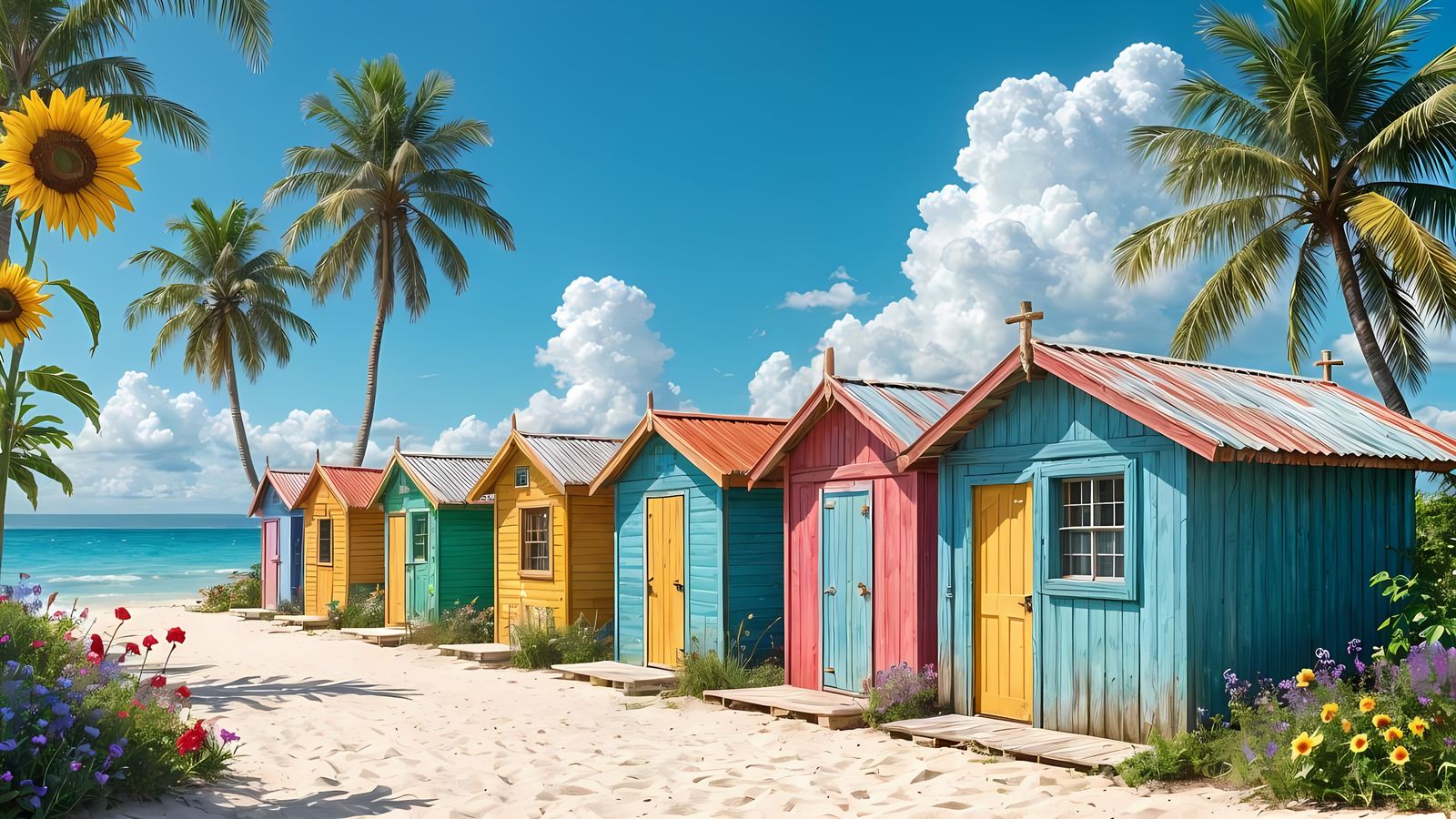 Colorful Beach Huts on a Sunny Oceanside