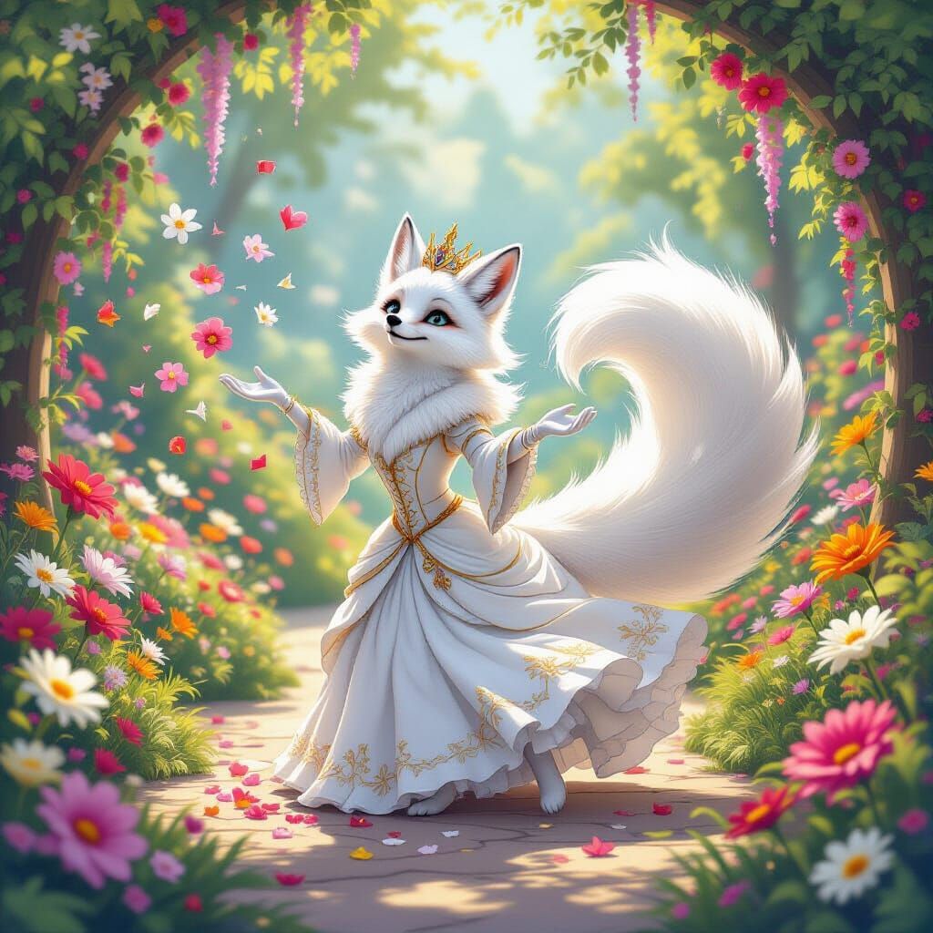 Fairytale Fox Empress Trips Gracefully in Magical Garden