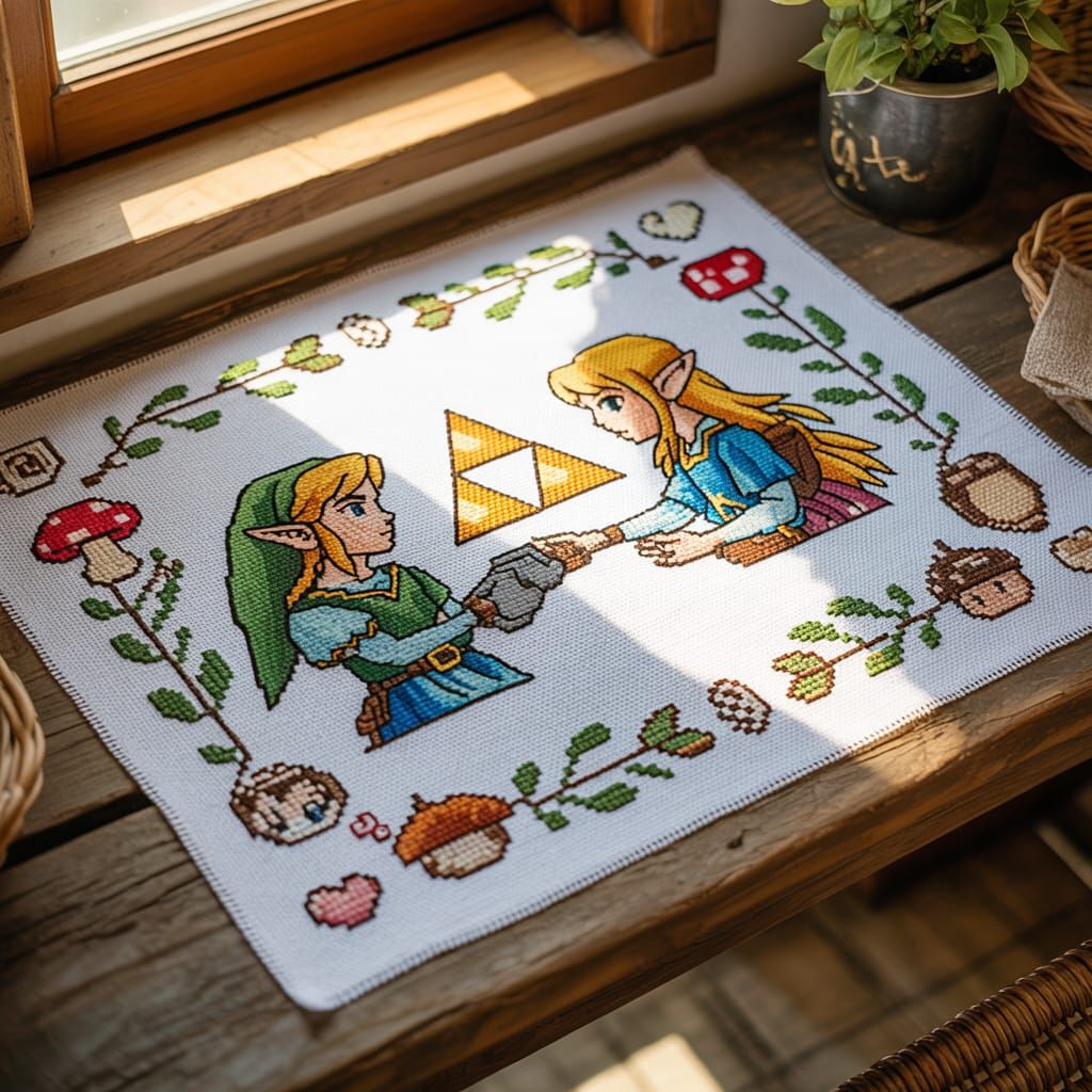Legend of Zelda Cottagecore Cross-Stitch Tablecloth